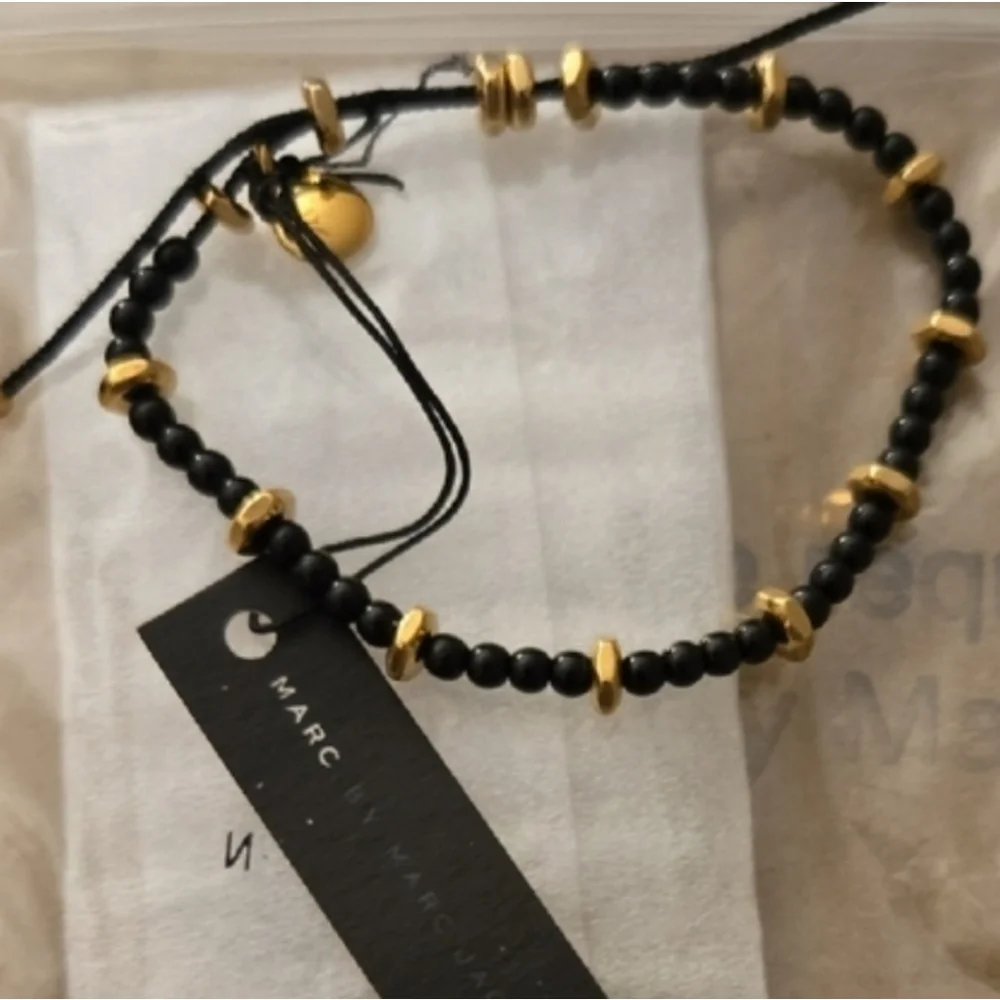 NWT Marc By Marc Jacobs Black and Gold Beaded Adjustable String Bracelet